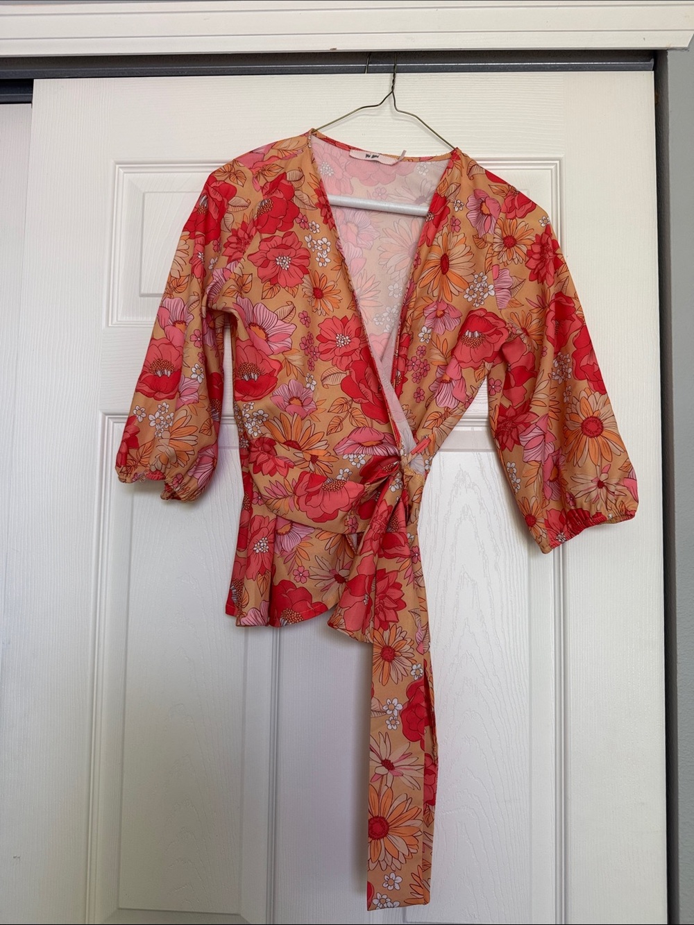 mi Ami Floral Wrap Blouse in Peach, Red and Pink
